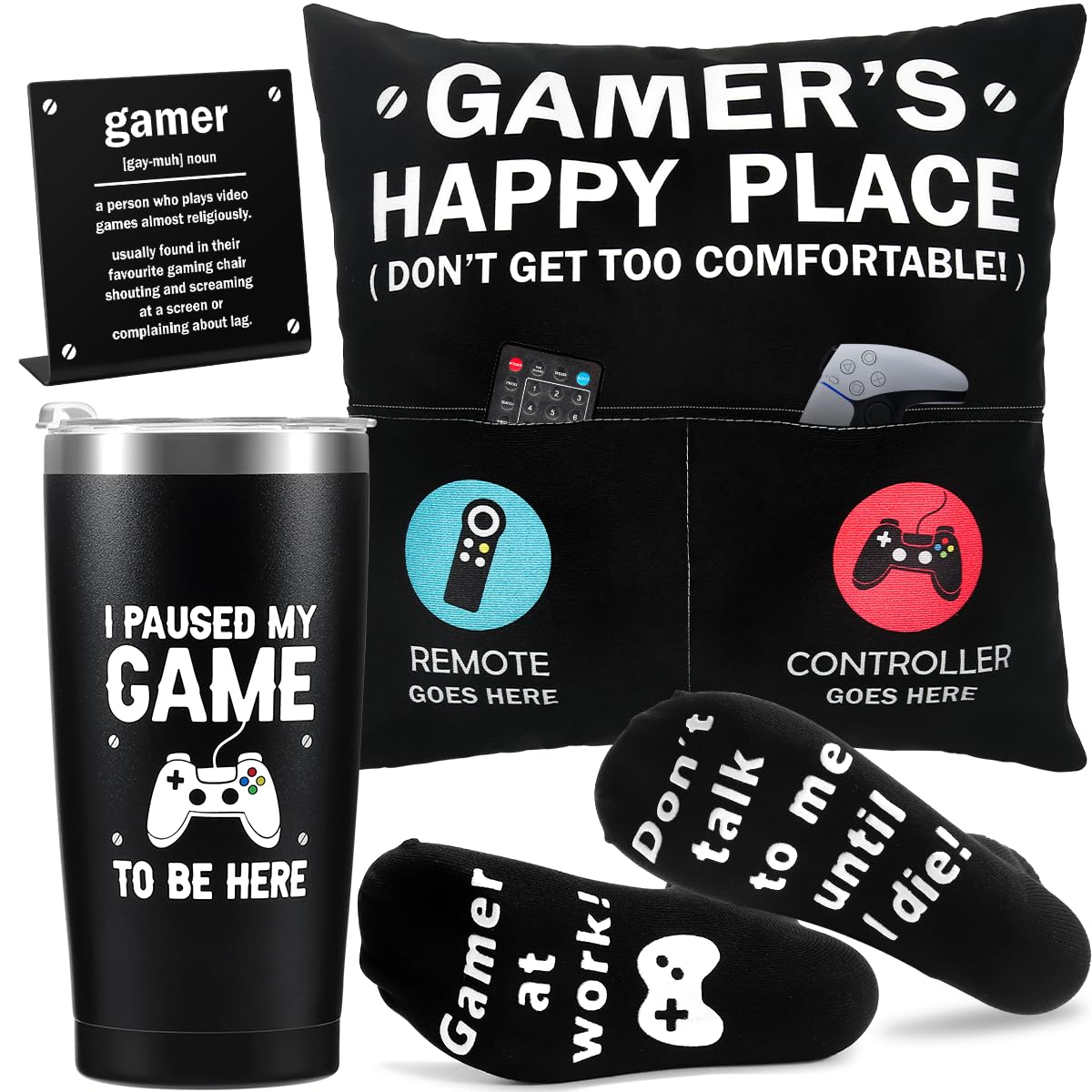 Gamer Gifts for Men Boyfriend Teenage Boy Birthday Christmas Gifts Box- Easter Basket Stuff Game Room Decor Gaming Gift for Man Him Video Game Lover (Gamer Tumbler+Pillow Cover+Socks+Stainless Sign)