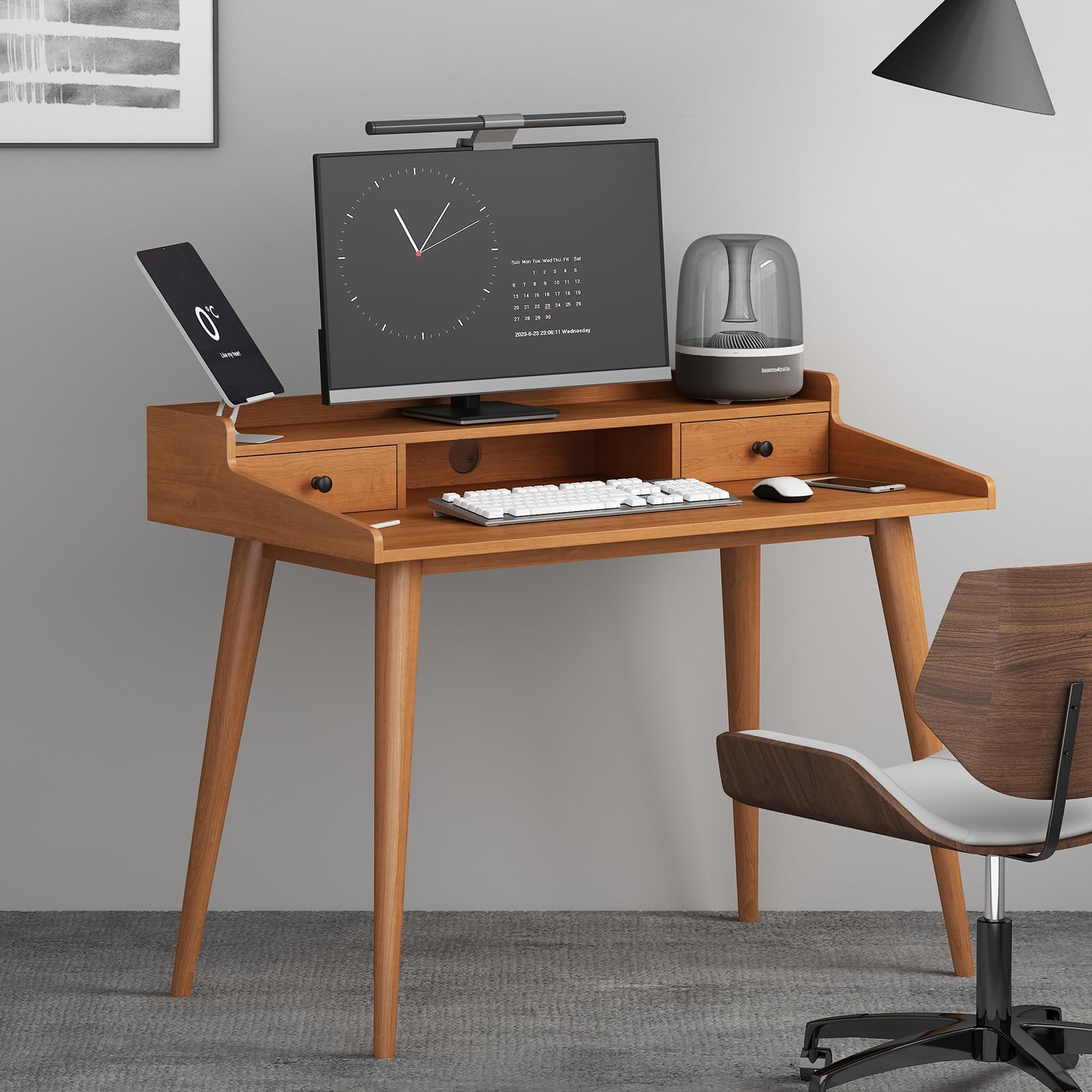 Ucerna Mid Century Modern Desk, 41" Wood Home Office Writing Computer or Laptop Desk with Monitor Stand Riser and Open Storage Cubby, Vanity Desk with 2 Drawers