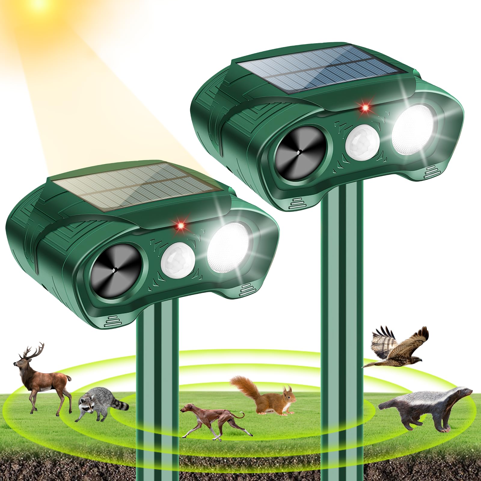 Solar Ultrasonic Animal Repellent Outdoor Waterproof Cat Repellent with Motion Sensor & LED Flashing Light Deer Repellent Devices for Rabbit Bird Fox Raccoon Squirrel Skunk