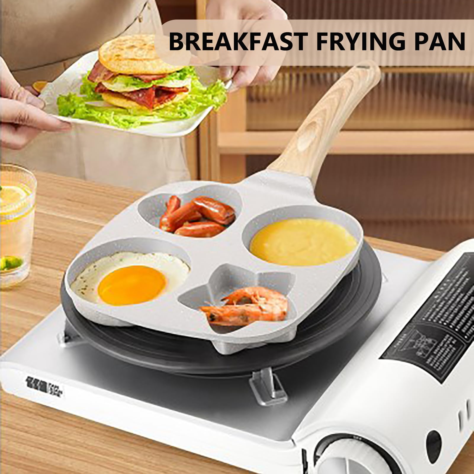 4 Cup Egg Frying Pan, Easy Breakfast Egg Pancake Burger Cooker, Aluminium Alloy Nonstick Frying Pot with Portable Wood Handle for Gas Stove & Induction Cookware