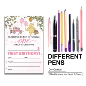 Dolimifa Winnie the Pooh 1st Birthday Invitations Fill in Style Winnie the Pooh Bear Pink Balloon Winnie Our Little Hunny First Birthday Invites, 20 Count With Envelopes