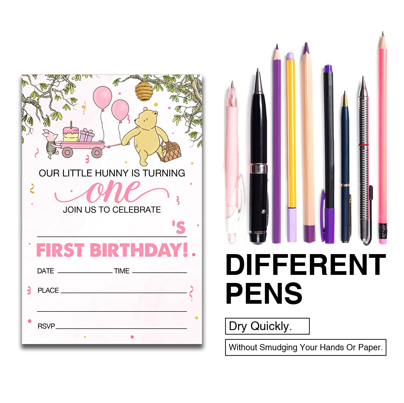 Dolimifa Winnie the Pooh 1st Birthday Invitations Fill in Style Winnie the Pooh Bear Pink Balloon Winnie Our Little Hunny First Birthday Invites, 20 Count With Envelopes