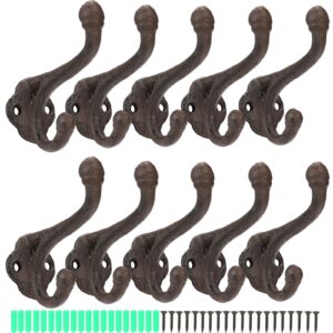 peohud 10 pack cast iron coat hooks, rustic wall hooks, wall mounted farmhouse coat hangers, heavy duty double hooks for hanging coats, bags, caps, hats, towels, keys