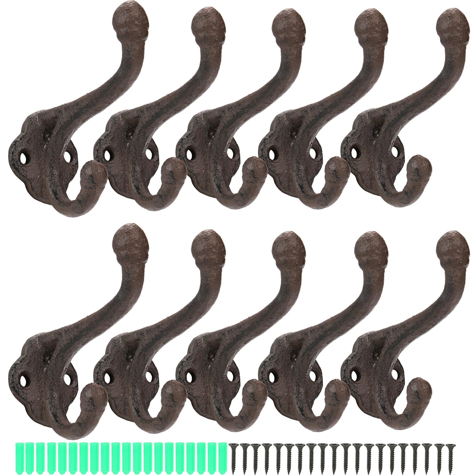 Peohud 10 Pack Cast Iron Coat Hooks, Rustic Wall Hooks, Wall Mounted Farmhouse Coat Hangers, Heavy Duty Double Hooks for Hanging Coats, Bags, Caps, Hats, Towels, Keys