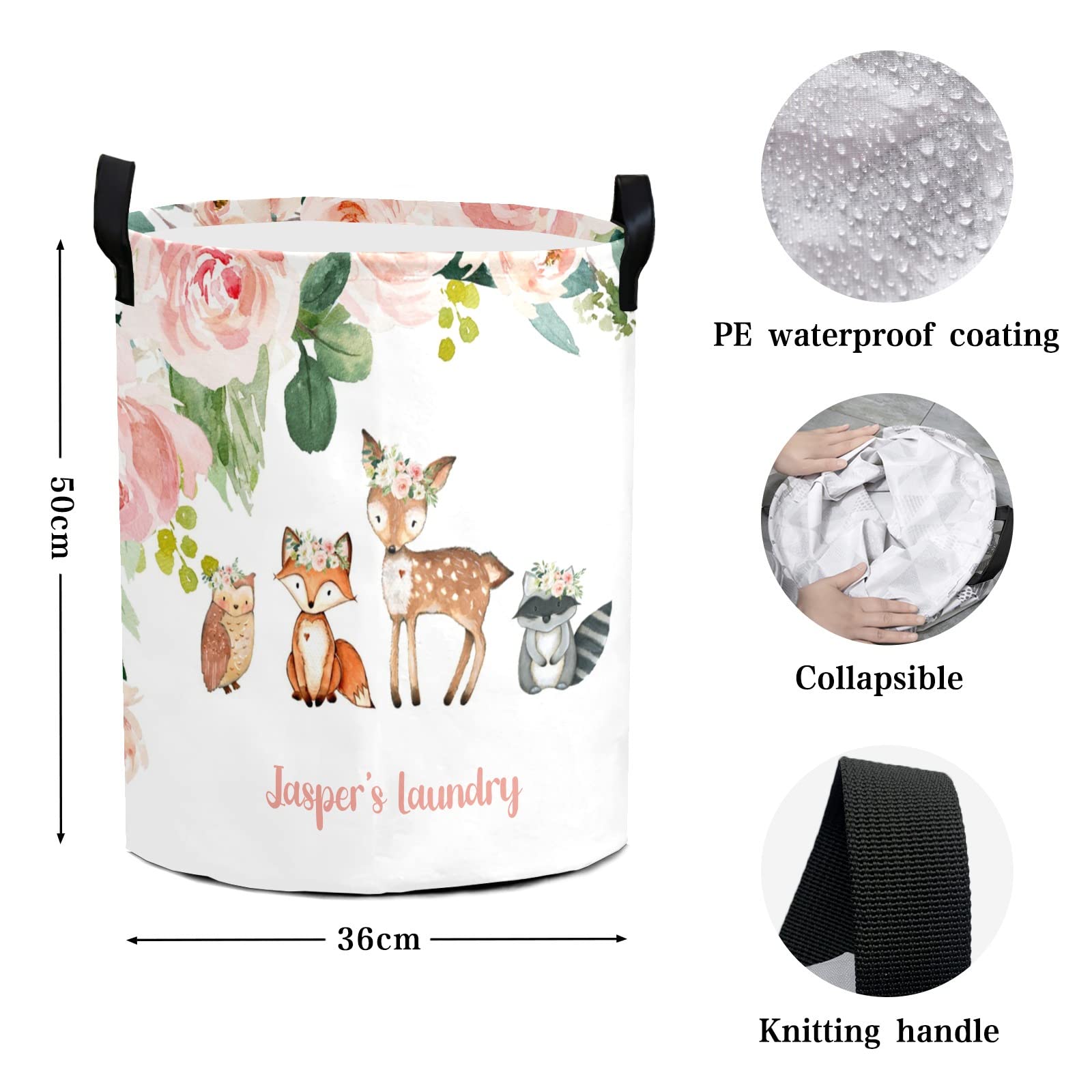 Woodland Animals Pink Floral Personalized Laundry Basket Laundry Hamper Clothes Bag Collapsible Tall with Handles,Waterproof,Storage Baskets for Bathroom College Dorm Family Essentials