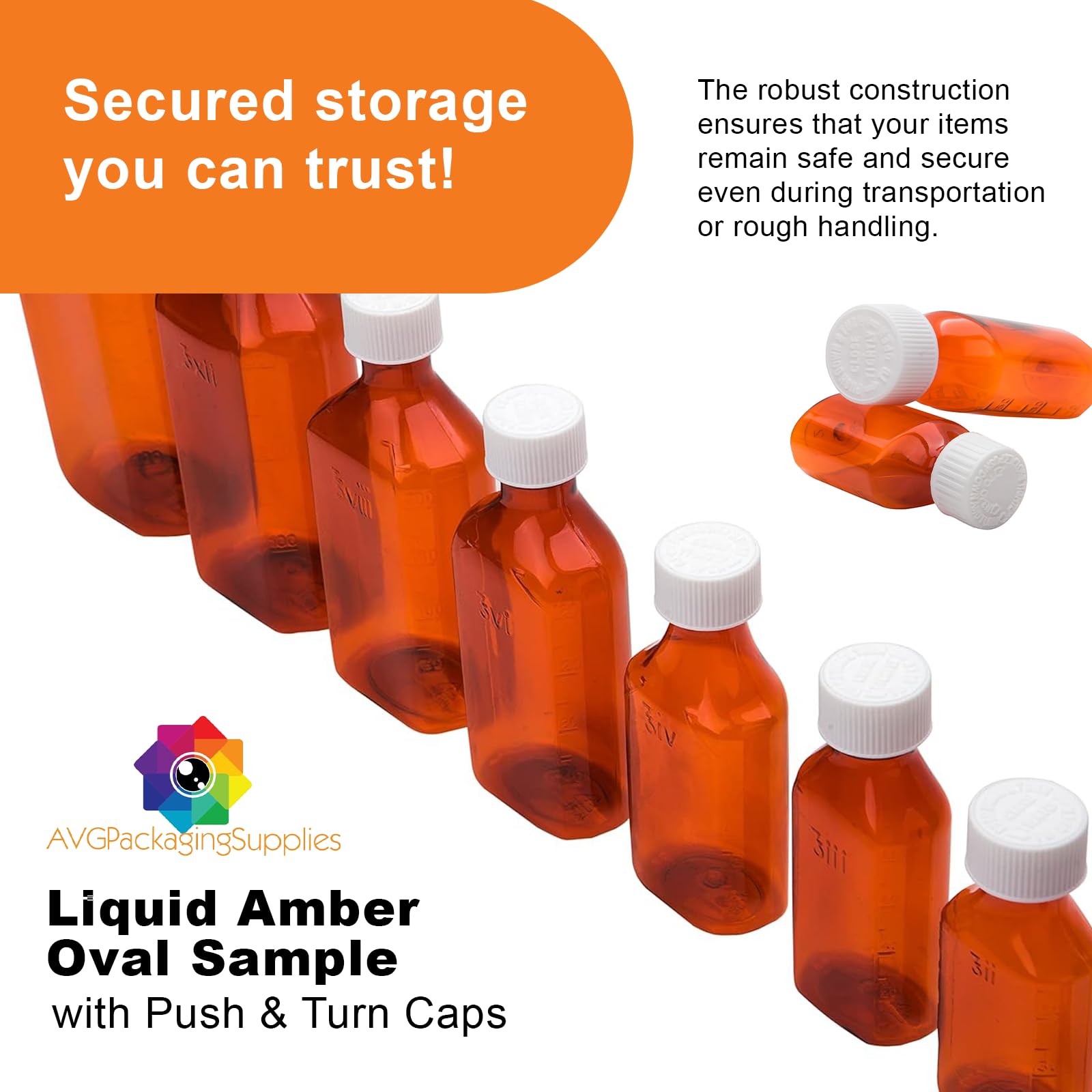 AVG Packaging Supplies Liquid Amber Oval Sample Bottles with Push & Turn Caps – Child Resistant Pharmacy Prescription Medicine Containers, 8oz Vials (50ct)