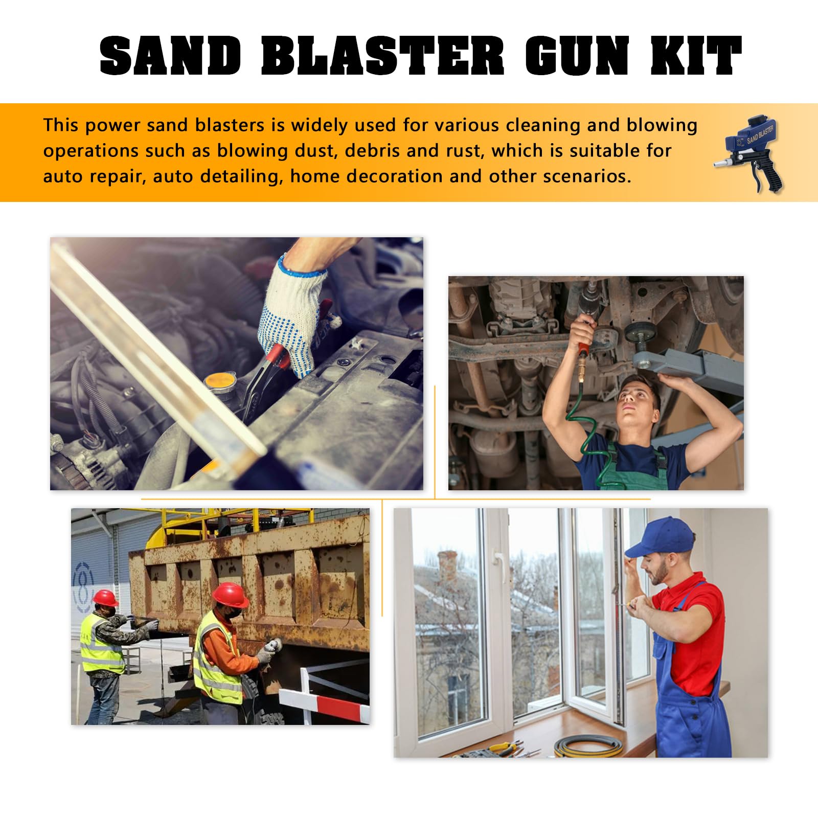 Sand Blaster Gun Kit for Air Compressor, Hand Held Sand Blaster for Metal Wood and Glass, Portable Sandblaster Rust Remover Pneumatic Up to 120 PSI, Soda Blaster Machine