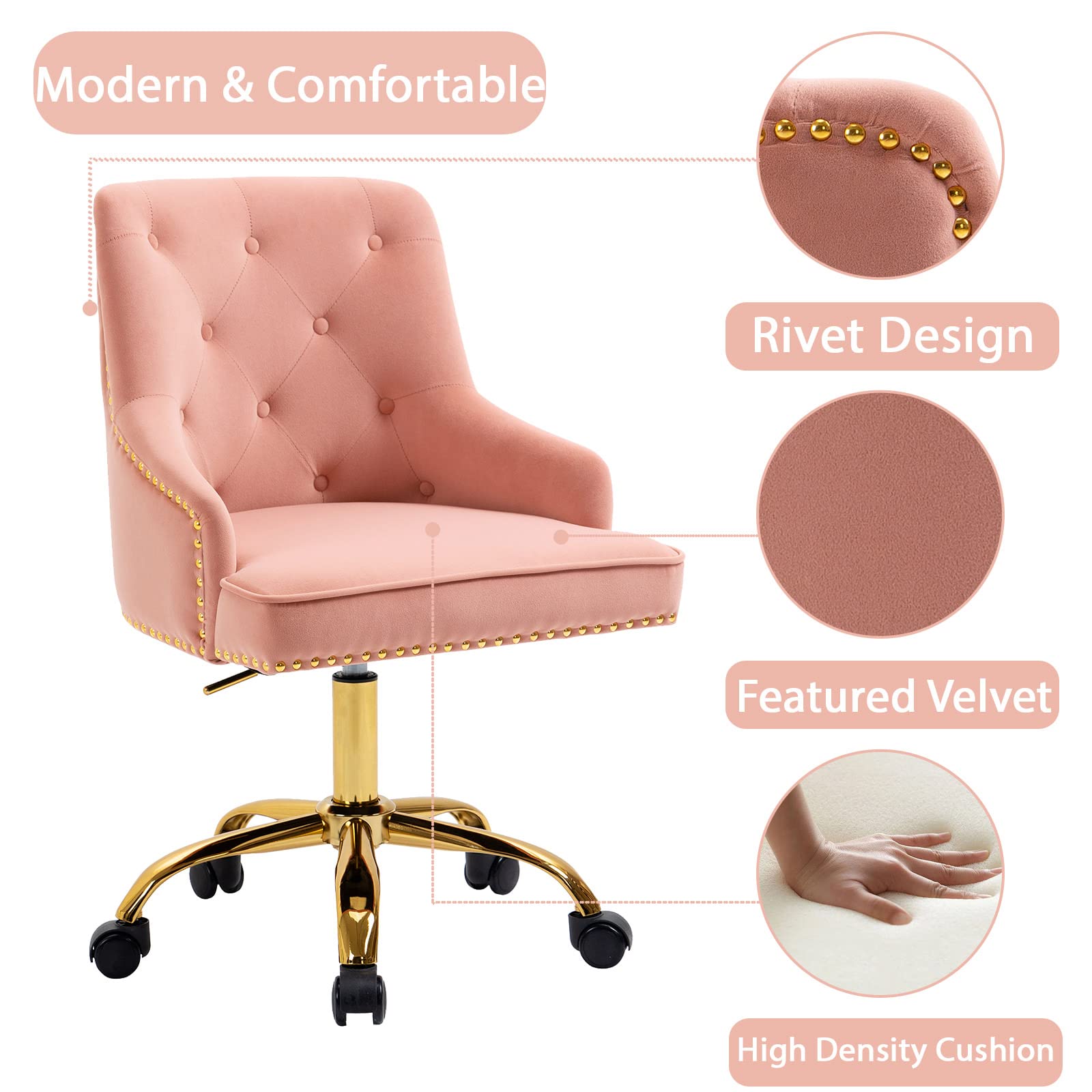 LOVSPATIO Velvet Home Office Chair,Swivel Adjustable Accent Vanity Chair with Golden Legs and Arms Nailhead Trim for Bedroom Living Room Office (Pink)