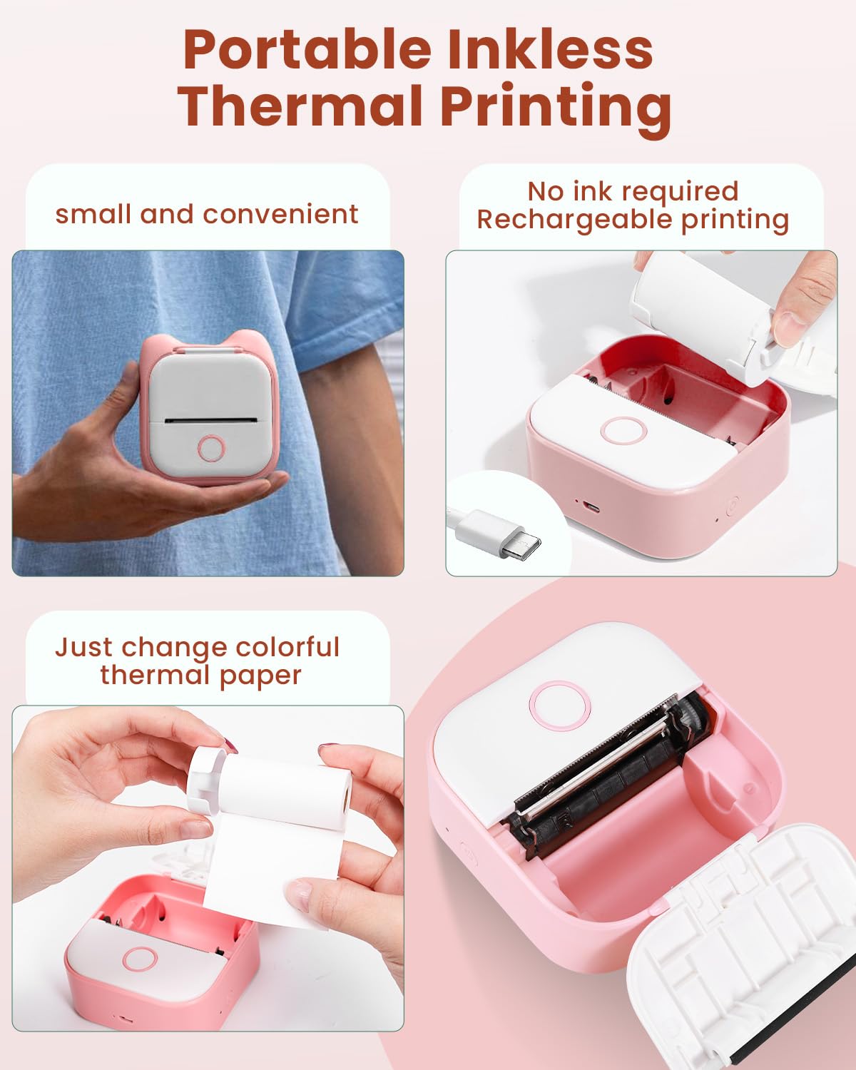 LabelCreate Portable Pocket Thermal Printer,T02 Mini Sticker Maker Printer,Portable Wireless Bluetooth Photo Printer for DIY Journal, Notes,Memo, Pink