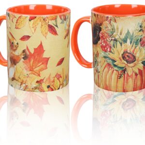 Whaline 12oz Fall Thanksgiving Coffee Mugs Autumn Pumpkin Print Ceramic Cups Watercolor Squirrel Sunflower Mug for Fall Home Birthday Gift Family Supplies,Set of 2