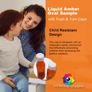 AVG Packaging Supplies Liquid Amber Oval Sample Bottles with Push & Turn Caps – Child Resistant Pharmacy Prescription Medicine Containers, 8oz Vials (50ct)