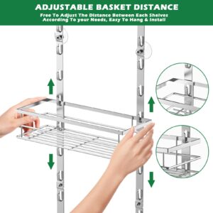 Over the Door Shower Caddy, 5-Tier Adjustable Hanging Shower Organizer Rustproof Metal Bathroom Storage Shelf Shower Basket with Soap Holder & Suction Cup for Shampoo, Conditioner, Sliver