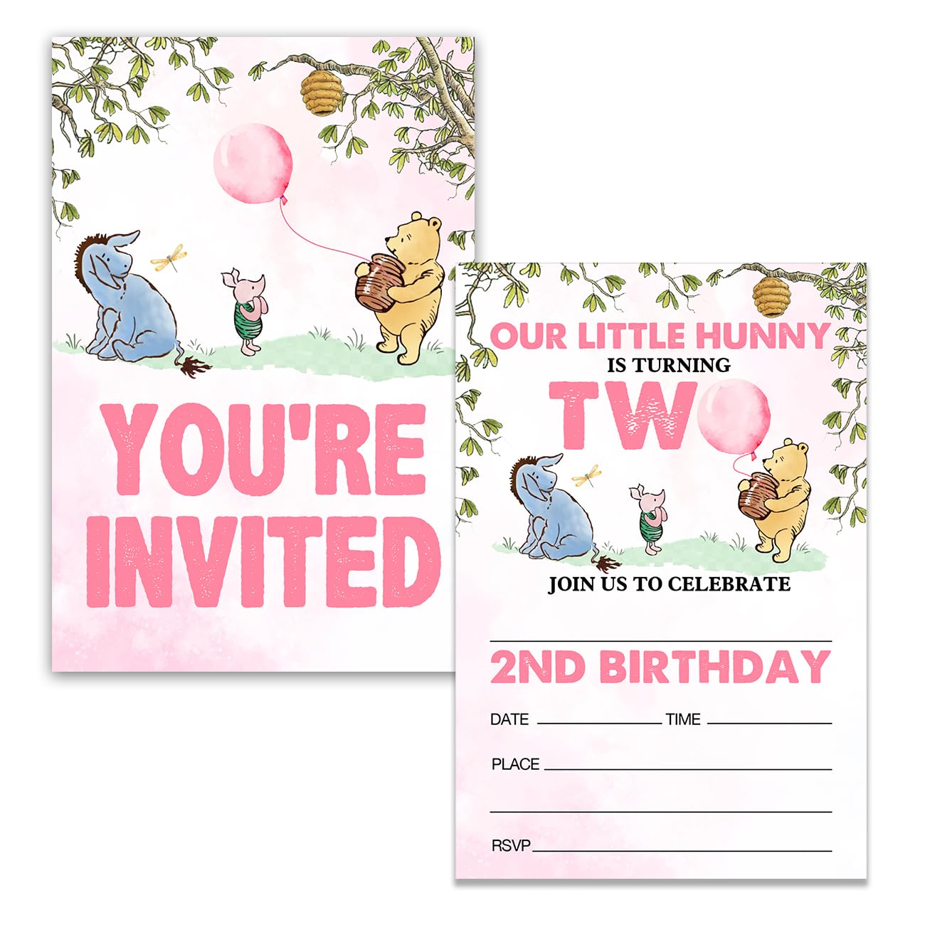 Dolimifa Winnie the Pooh 2nd Birthday Invitations Fill in Style Watercolors Winnie the Pooh Bear Pink Balloon Our Little Hunny Winnie Second Birthday Invites for 2 Year Old, 20 Count With Envelopes