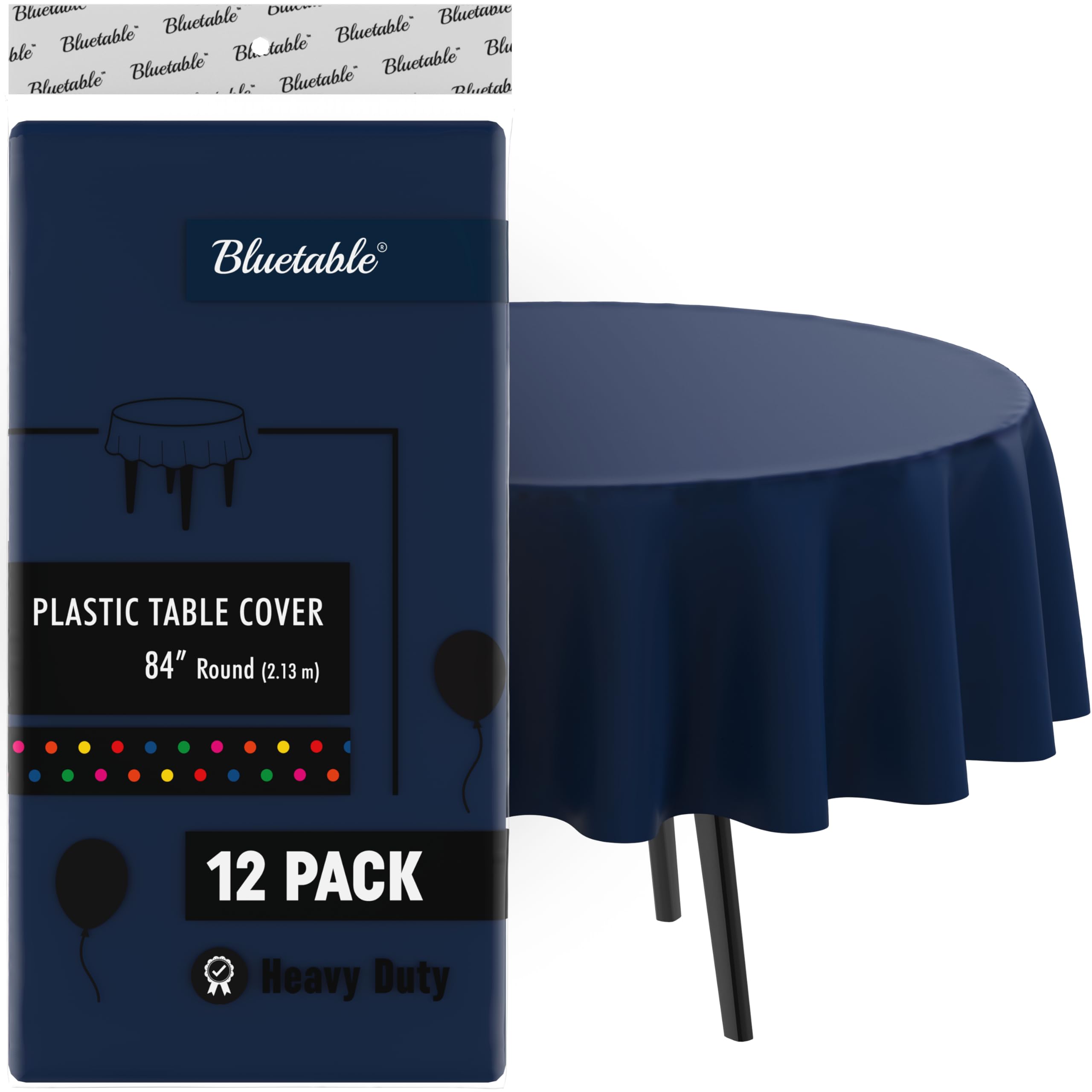 Navy Blue Plastic Tablecloth Round Disposable (12 Pack) Bulk - Ultra Heavy Duty Table Cloth (84” Inches) 4, 5, or 6 Foot Round Tables (Manteles para Fiestas) Blue Party Tablecloths [12 Pack]