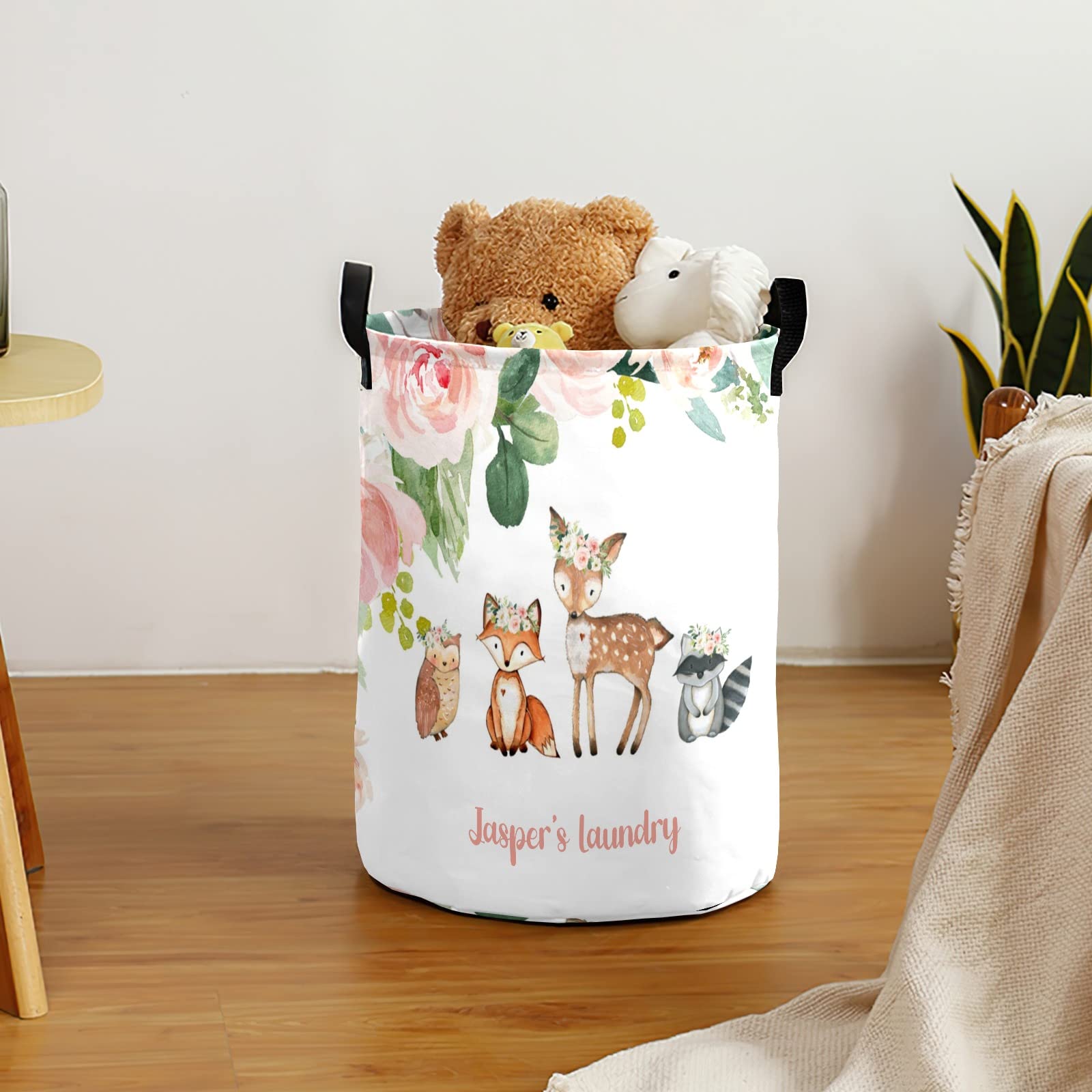 Woodland Animals Pink Floral Personalized Laundry Basket Laundry Hamper Clothes Bag Collapsible Tall with Handles,Waterproof,Storage Baskets for Bathroom College Dorm Family Essentials