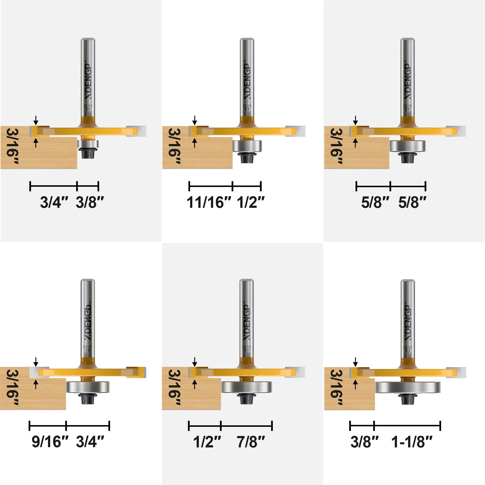 XDENGP Rabbet Router Bit Set 1/4 Shank, Rabbeting Router Bits 1pcs with 6 Bearings for Interchangeable and Adjustable Multi Depths Cutter 1/8", 1/4", 5/16", 3/8", 7/16", 1/2"