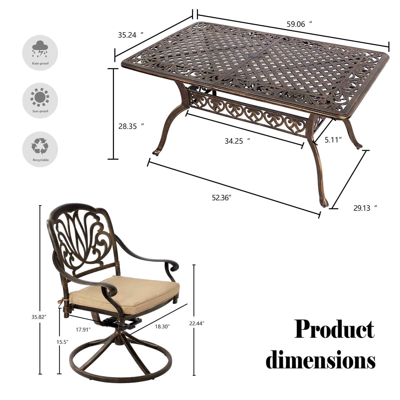 TITIMO 7 Piece Cast Aluminum Patio Dining Set, Outdoor Dining Furniture Patio Table and Chairs Set,6 Floral Pattern Swivel Rocker Chairs with Cushions (Khaki)