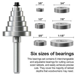 XDENGP Rabbet Router Bit Set 1/4 Shank, Rabbeting Router Bits 1pcs with 6 Bearings for Interchangeable and Adjustable Multi Depths Cutter 1/8", 1/4", 5/16", 3/8", 7/16", 1/2"