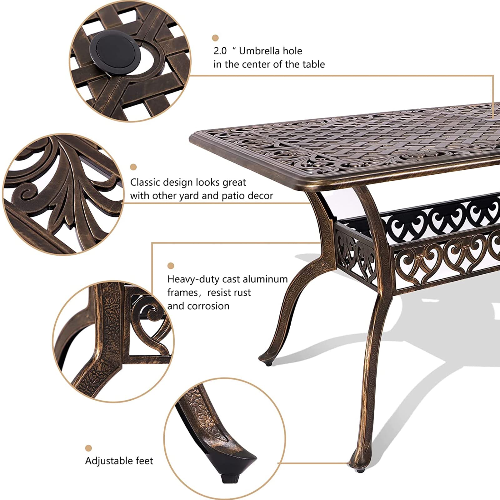 TITIMO 7 Piece Cast Aluminum Patio Dining Set, Outdoor Dining Furniture Patio Table and Chairs Set,6 Floral Pattern Swivel Rocker Chairs with Cushions (Khaki)