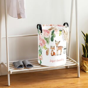 Woodland Animals Pink Floral Personalized Laundry Basket Laundry Hamper Clothes Bag Collapsible Tall with Handles,Waterproof,Storage Baskets for Bathroom College Dorm Family Essentials