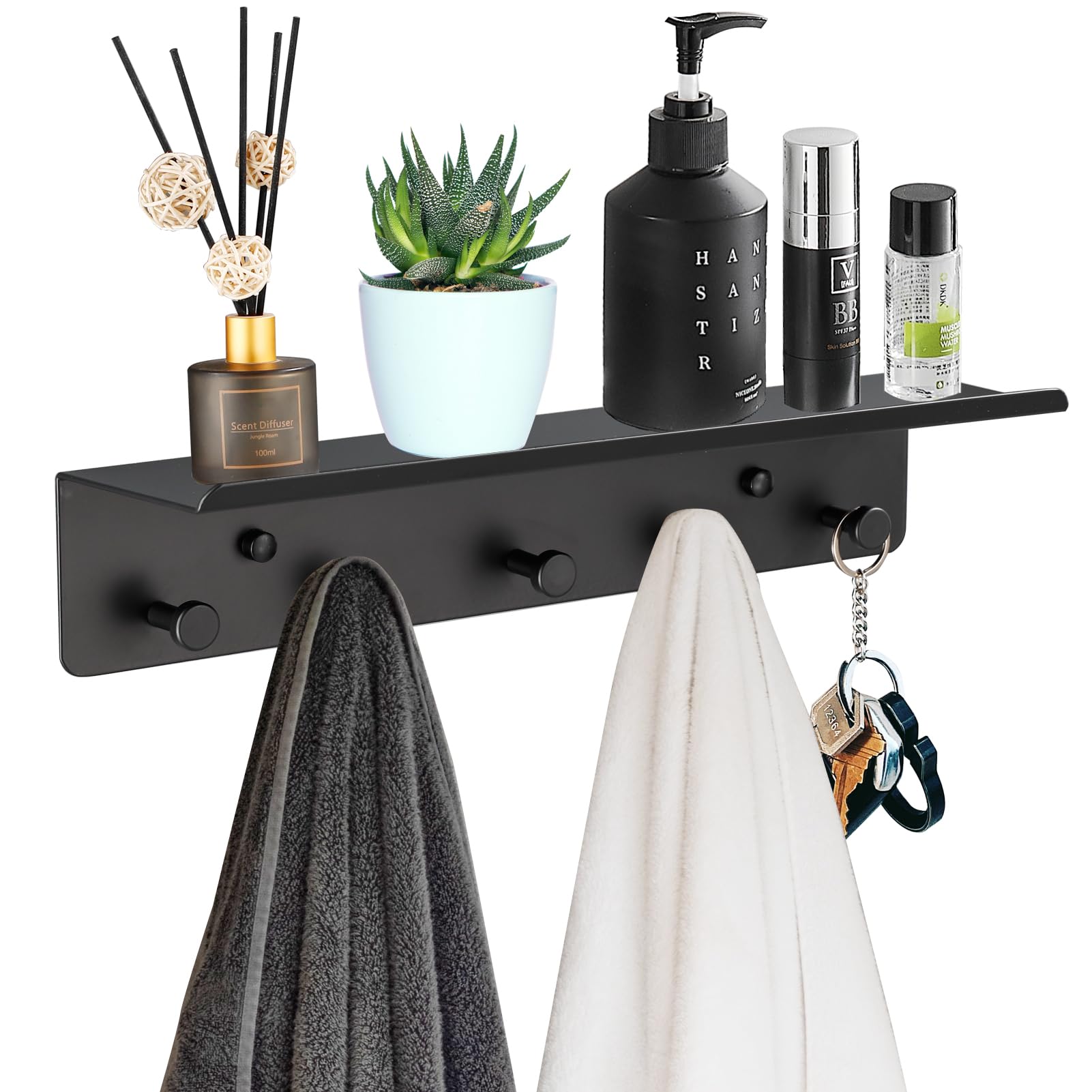 SIMVE Bathroom Towel Rack Wall Mounted, Rustproof Aluminium Shelf with 5 Bath Robe Hook, Decor Display Storage, Hanging Hanger for Hat, Key, Bag Holder