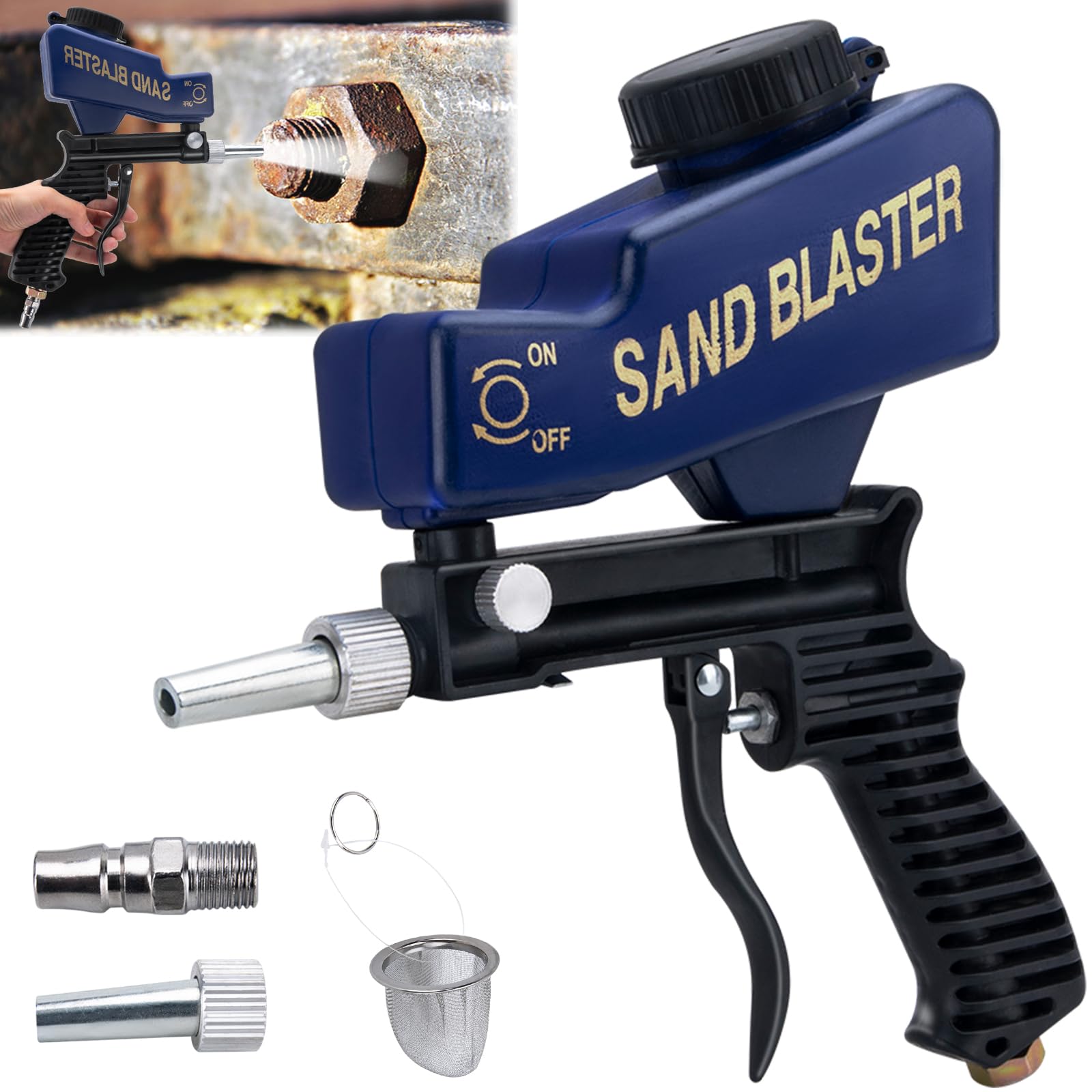 Sand Blaster Gun Kit for Air Compressor, Hand Held Sand Blaster for Metal Wood and Glass, Portable Sandblaster Rust Remover Pneumatic Up to 120 PSI, Soda Blaster Machine