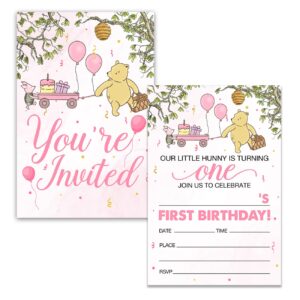 Dolimifa Winnie the Pooh 1st Birthday Invitations Fill in Style Winnie the Pooh Bear Pink Balloon Winnie Our Little Hunny First Birthday Invites, 20 Count With Envelopes