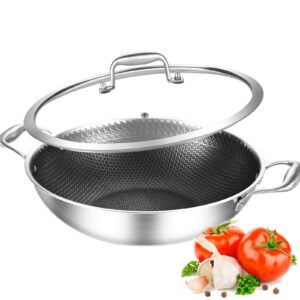 delarlo wok pan with lid 12 inch, oven safe up to 600℉,woks & stir-fry pans nonstick,tri-ply stainless steel wok, non stick wok, 5qt nonstick deep frying pan, induction saute pan with lid