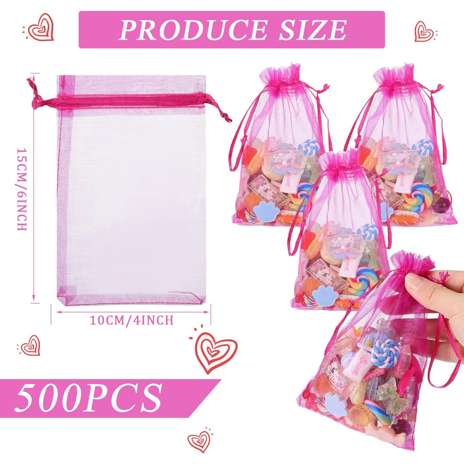 Woanger 500 Pcs Hot Pink Organza Bags Bulk 4 x 6 Inch Small Drawstring Mesh Gift Bags Sheer Jewelry Pouches sachet Bags for Wedding Favor Christmas Birthday Party Bridal Shower Candy Bags