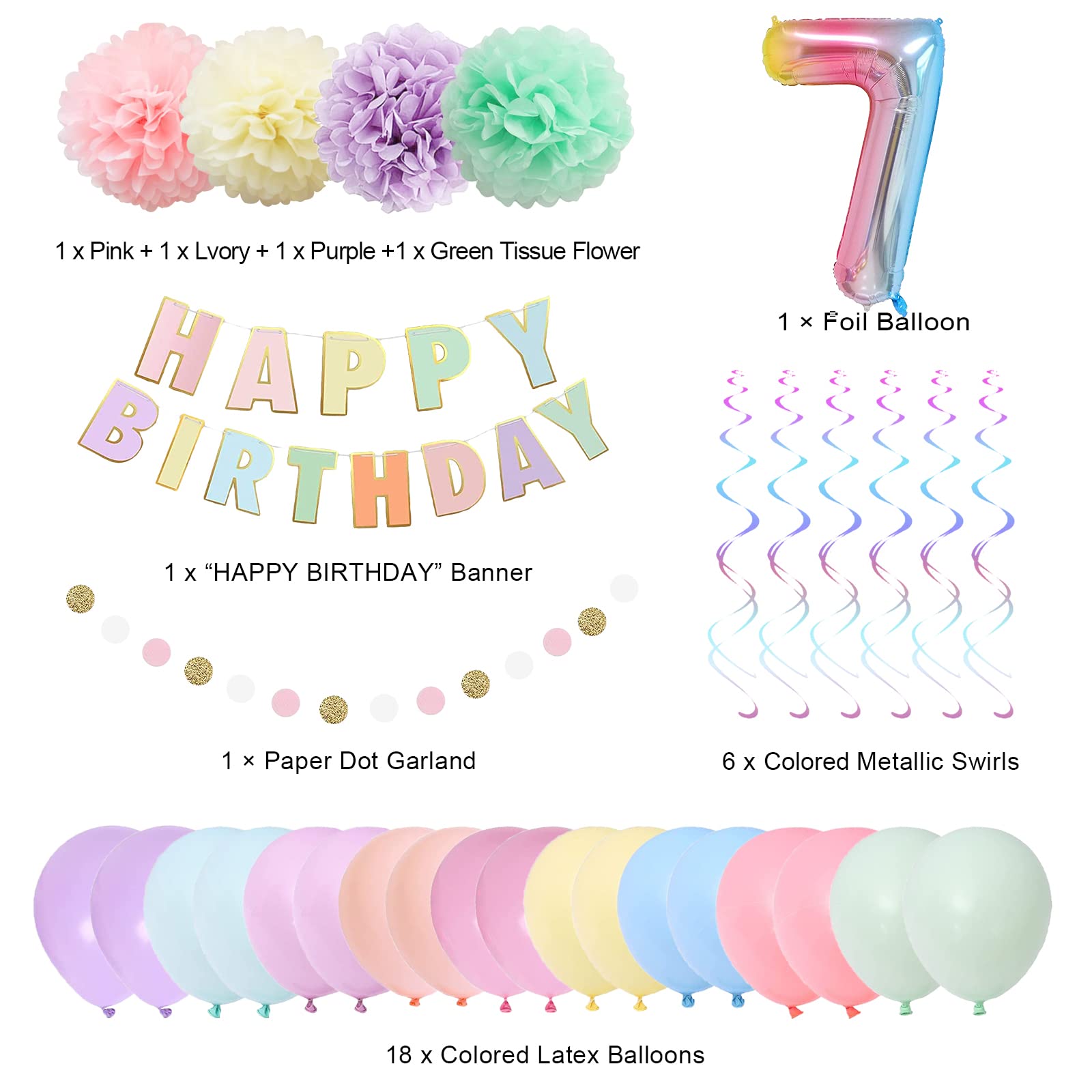 BRT Bearingshui 7th Birthday Decorations, 40 Inch Rainbow Gradient Number 7 Balloon, 7th Birthday Balloon, Happy Birthday Banner, Children’s 7th Birthday Party Supplies for Kids