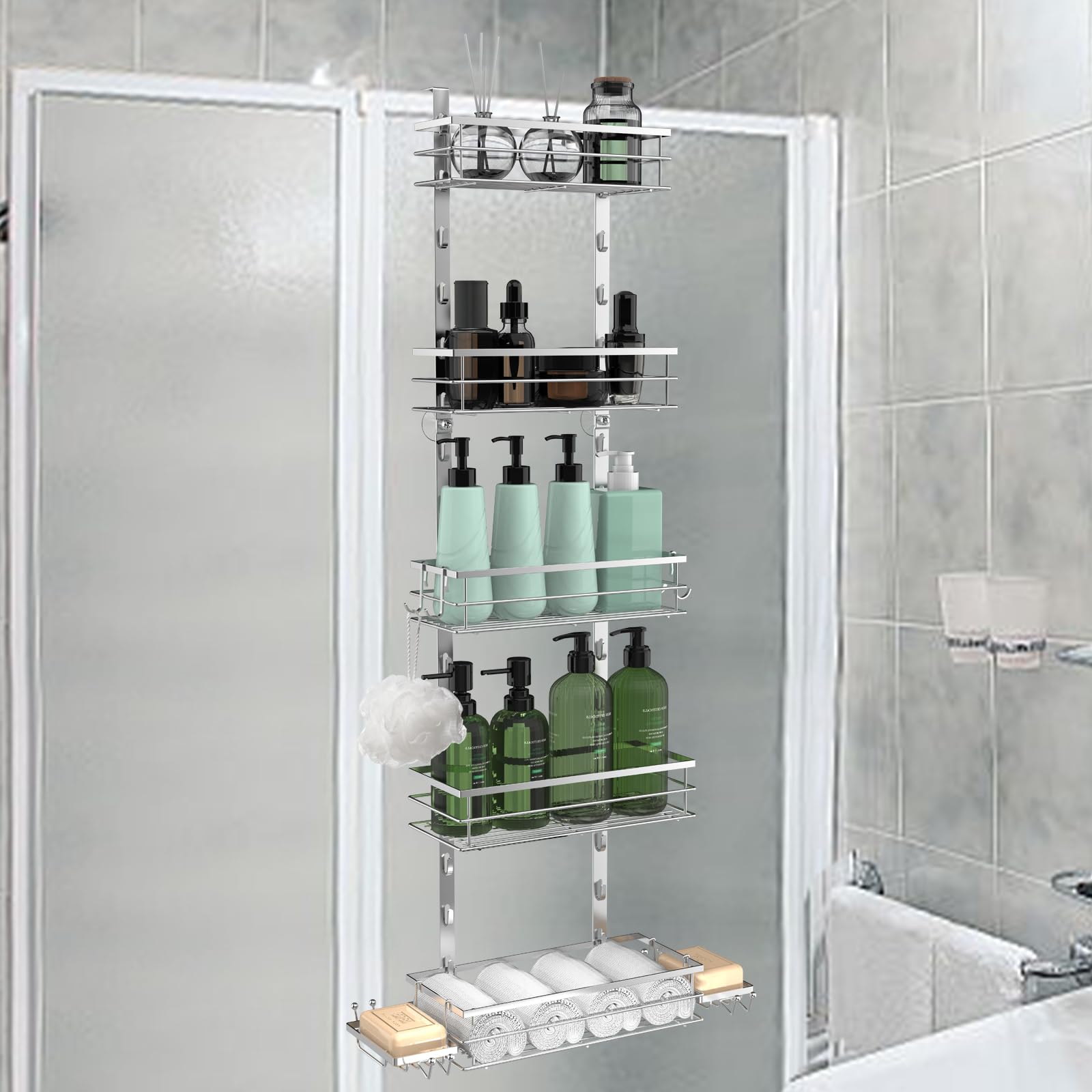 Over the Door Shower Caddy, 5-Tier Adjustable Hanging Shower Organizer Rustproof Metal Bathroom Storage Shelf Shower Basket with Soap Holder & Suction Cup for Shampoo, Conditioner, Sliver