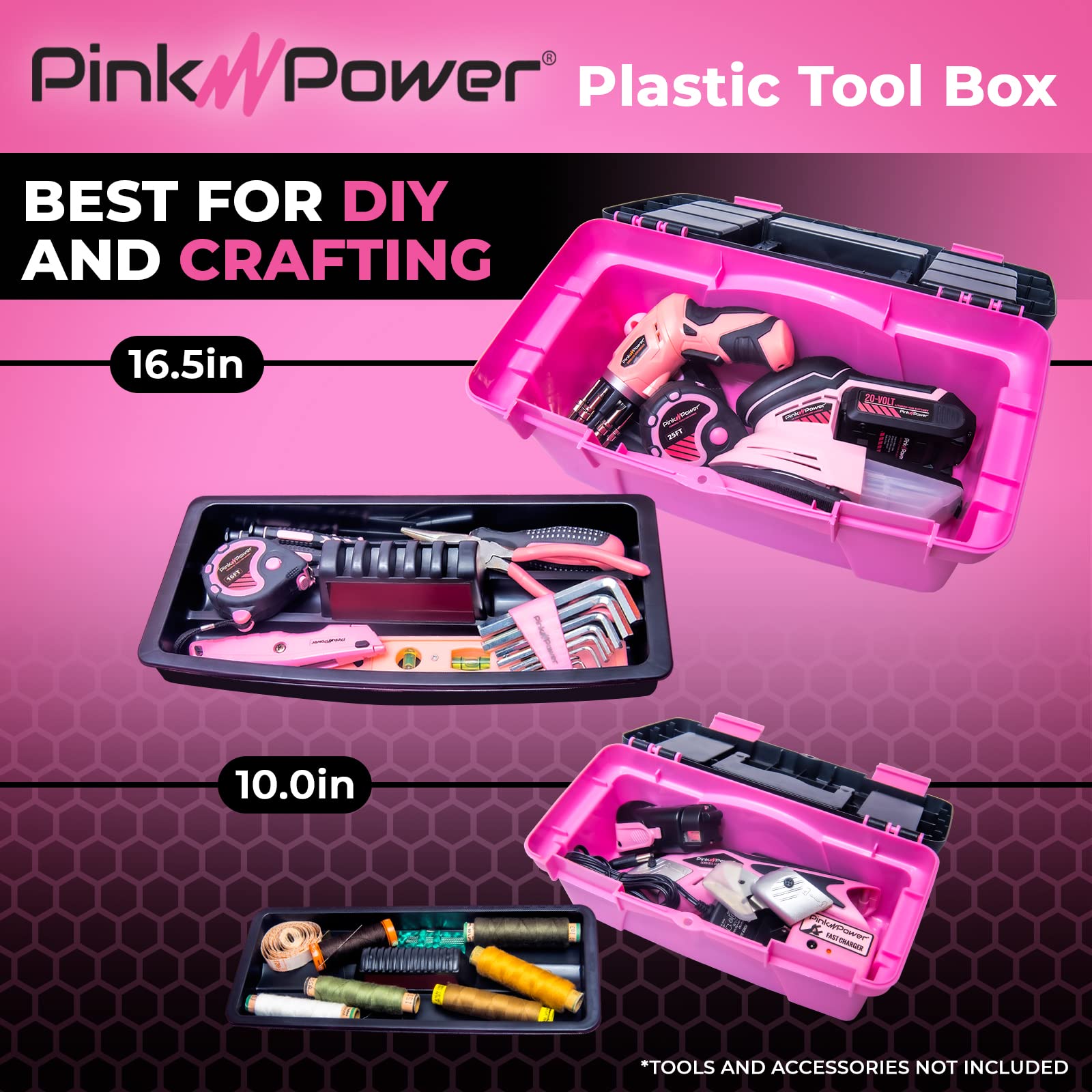 Pink Power Pink Tool Box for Women - Sewing, Art & Craft Organizer Box Small & Large Plastic Tool Box with Handle - Pink Toolbox Sewing Box Tool Storage Box - Portable Mini Locking Tool Boxes (2 Pack)