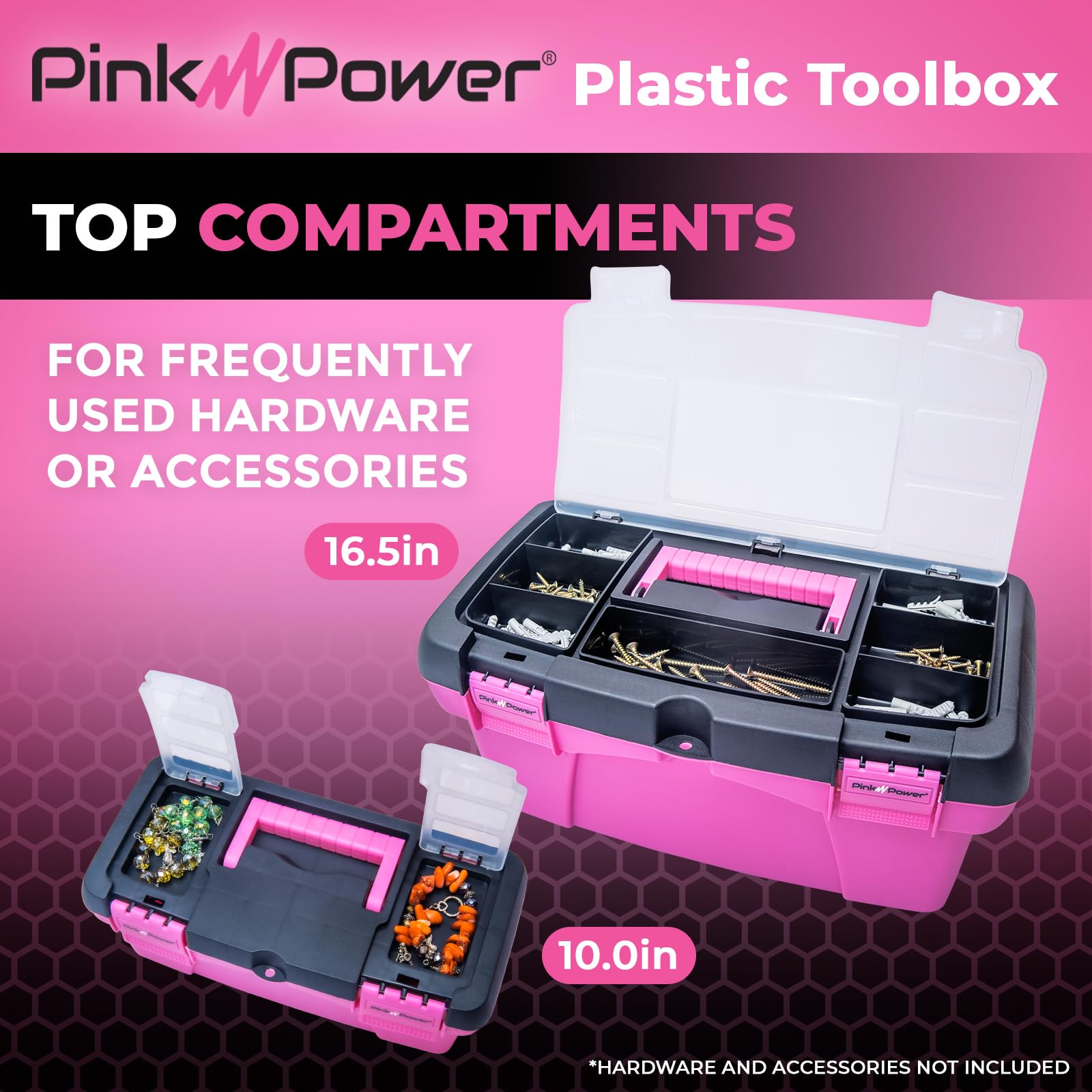 Pink Power Pink Tool Box for Women - Sewing, Art & Craft Organizer Box Small & Large Plastic Tool Box with Handle - Pink Toolbox Sewing Box Tool Storage Box - Portable Mini Locking Tool Boxes (2 Pack)