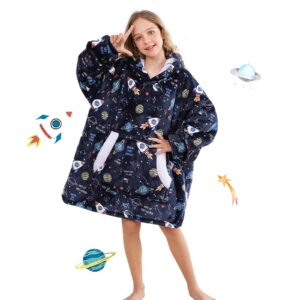 uttermara wearable blanket hoodie for kids, sherpa oversized blanket hoodie with sherpa hood, front pocket and sleeves, cozy soft warm wearable blanket sweatshirt, one size fits all, blue planet