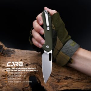 CJRB Pyrite-Alt (J1925A) Folding Pocket Knife with 3.11'' Stone Wash AR-RPM9 Wharncliffe Blade Green G10 Handle,Button Lock EDC Knife with Thumb Hole for Tactical,Outdoor,Hiking and Gift