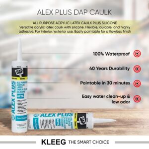 DAP 18152 10.1oz White Alex Plus Acrylic Latex Caulk with Silicone + KLEEG Caulk Gun + KLEEG Caulking Tool Kit - Dripless Caulking Gun, Caulk Removal Tool, 3in1 Scraper Home Sealant Tool