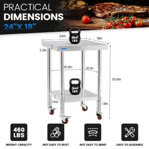 KUARBARR Stainless Steel Table for Prep & Work with 4 Caster Wheels with Undershelf 18 x 24 NSF Metal Commercial Kitchen Prep Table with Adjustable Under Shelf Worktable for Restaurant Home Outdoor