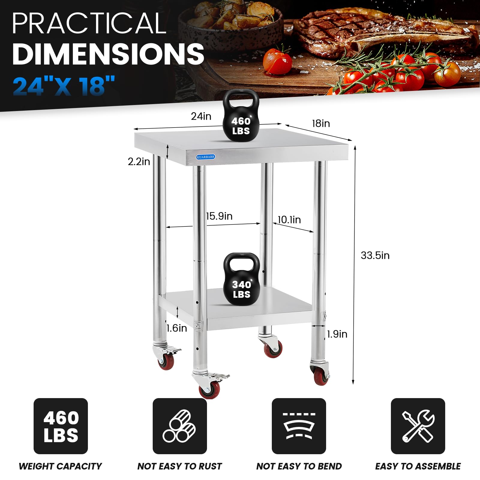 KUARBARR Stainless Steel Table for Prep & Work with 4 Caster Wheels with Undershelf 18 x 24 NSF Metal Commercial Kitchen Prep Table with Adjustable Under Shelf Worktable for Restaurant Home Outdoor