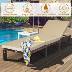 COSTWAY Rattan Lounge Chair Chaise Recliner Adjustable Cushioned Patio Yard Brown