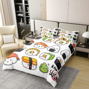 100% natural cotton sushi pattern bedding set twin, japanese style duvet cover, food theme comforter cover set for kids boys girls teens, cute cartoon japanese sushi bedding room decorative