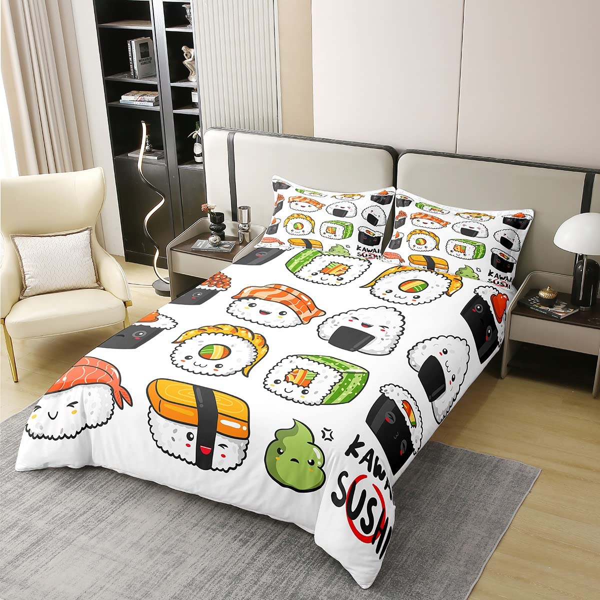 100% Natural Cotton Sushi Pattern Bedding Set Twin, Japanese Style Duvet Cover, Food Theme Comforter Cover Set For Kids Boys Girls Teens, Cute Cartoon Japanese Sushi Bedding Room Decorative