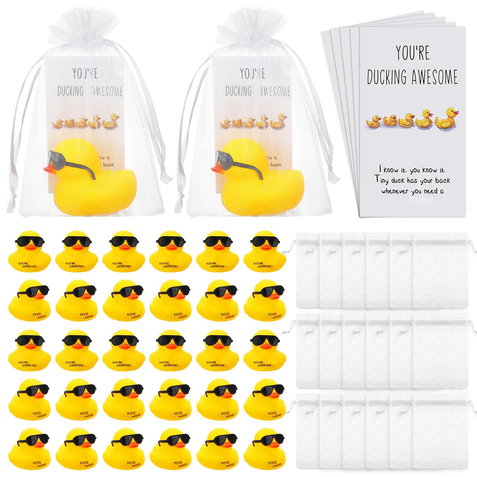 Jenaai 40 Sets Inspirational Mini Rubber Ducks Bulk Thank You Gifts You're Ducking Awesome Rubber Ducks with glasses Employee Appreciation Gift with Card and Bag for Christmas Thanksgiving(Cute Duck)