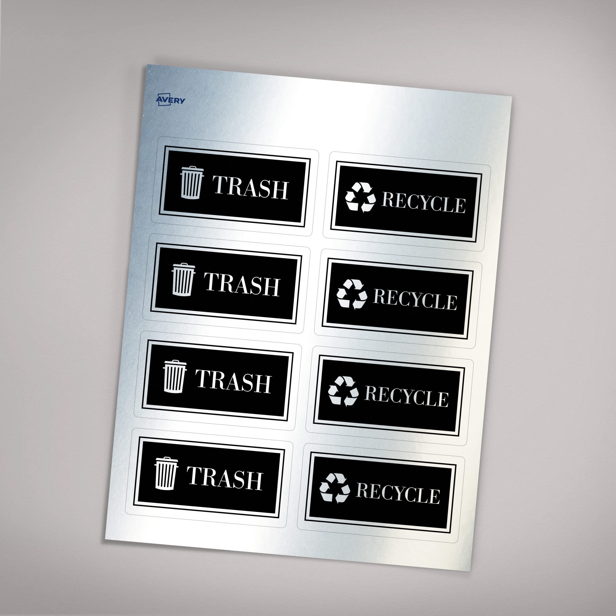 Avery Recycle and Trash Stickers, Metallic Recycle and Trash Signs for Bins, Containers, Trash Cans and Walls, Waterproof, UV Resistant, Preprinted, 2" x 3.75", 8 Total