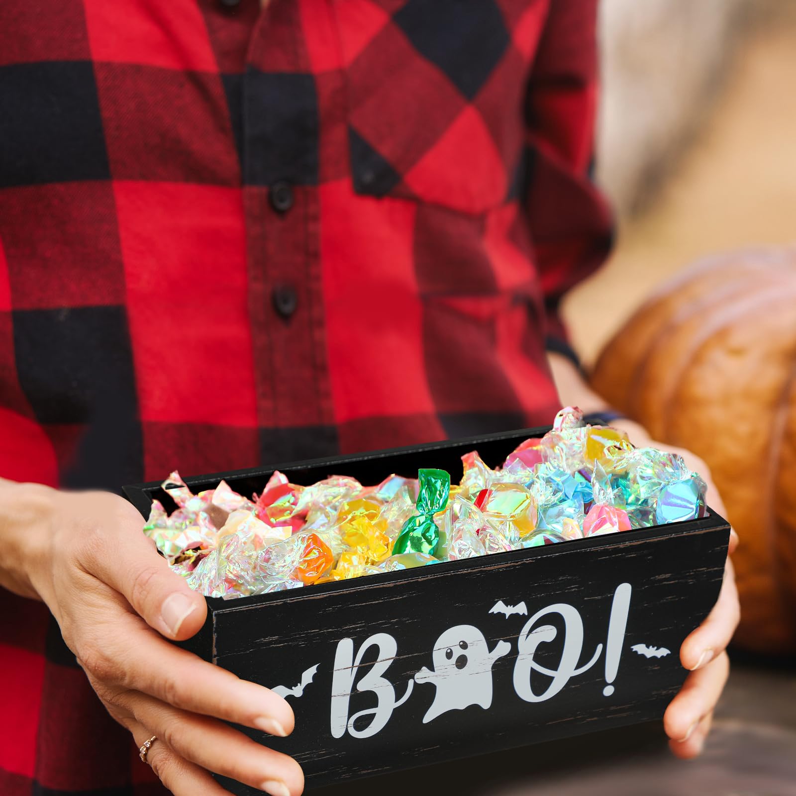 Sintuff Halloween Candy Bowl Wooden Funny Candy Dish Trick or Treat Large Halloween Candy Dish Holders Wood Serving Bowl Tableware for Halloween Parties Decorations Corn Holiday (Boo)