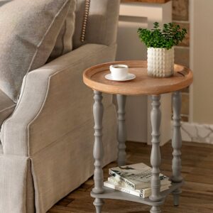 VONLUCE French Country End Table, 19'' Round Farmhouse Side Table, Distressed Wood Tray Top Rustic Accent Table for Living Room Bedroom, Small Space, Gray