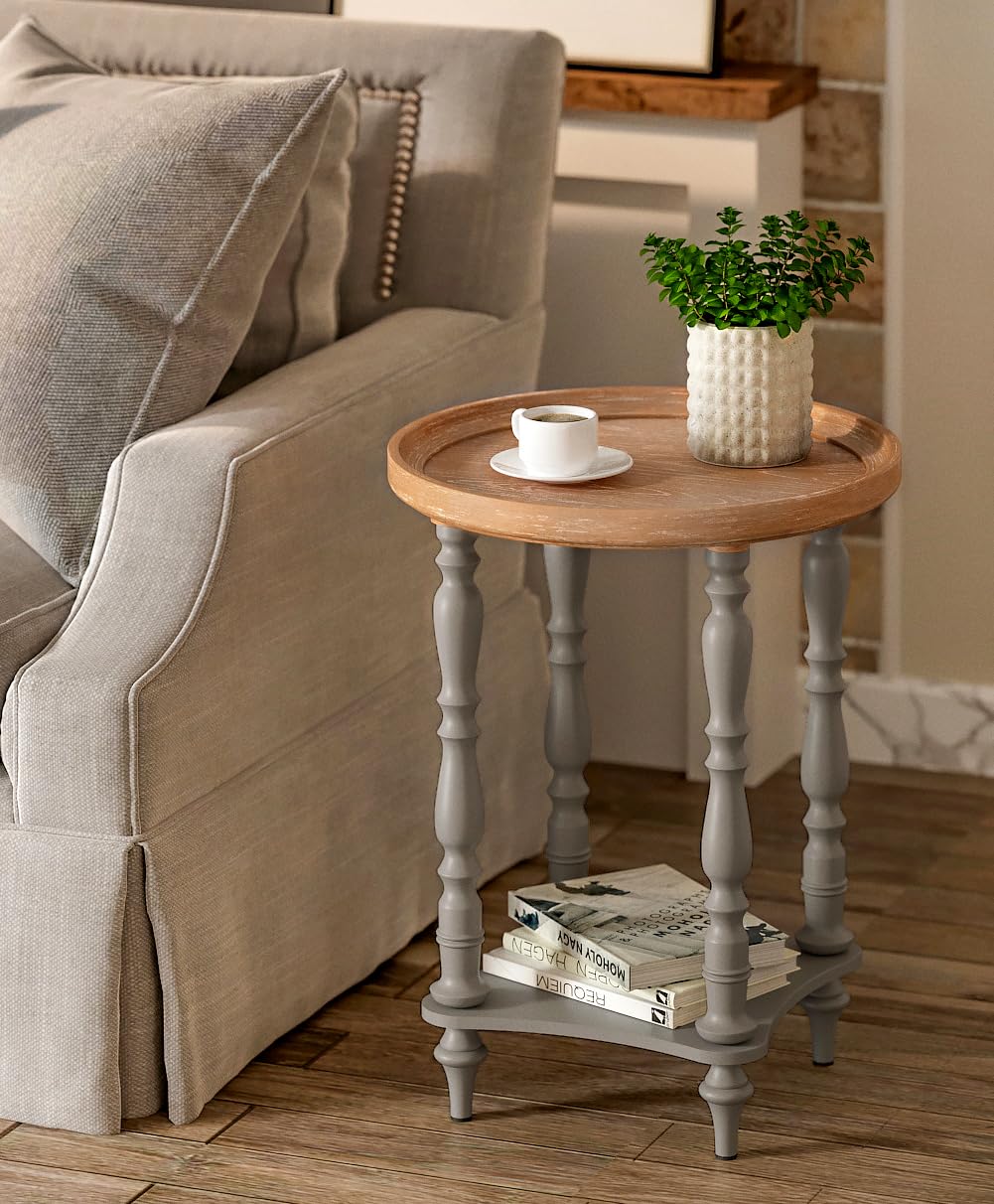 VONLUCE French Country End Table, 19'' Round Farmhouse Side Table, Distressed Wood Tray Top Rustic Accent Table for Living Room Bedroom, Small Space, Gray