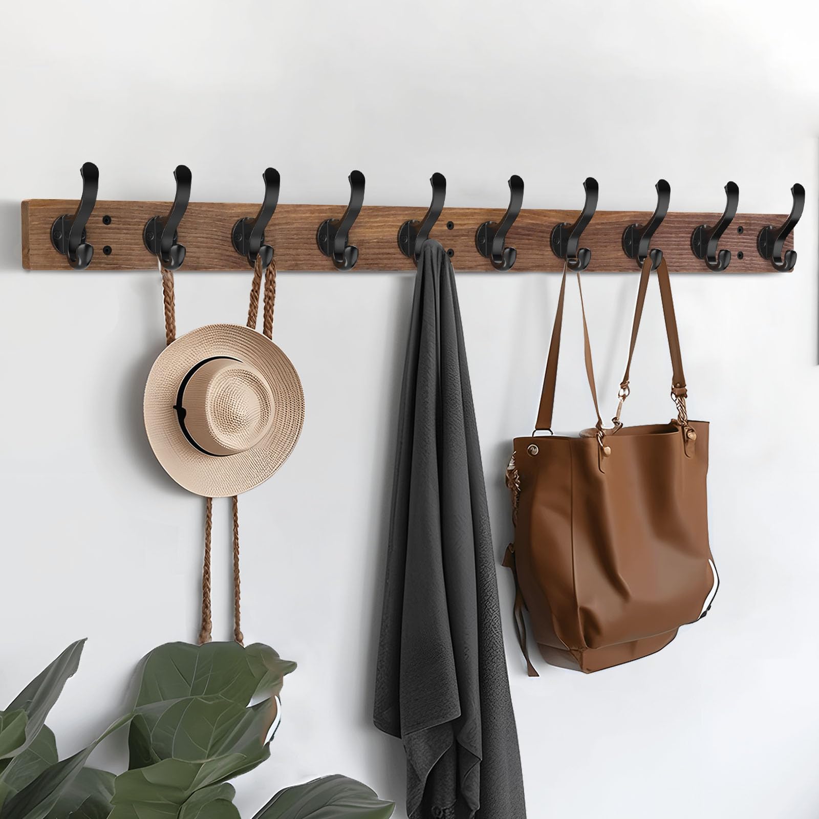 Tatub 38" Coat Rack Wall Mount with 10 Hooks, Coat Hooks Wall Mounted, Wood Coat Hanger Wall for Entryway, Bathroom, Living Room, Bedroom, Rustic Brown