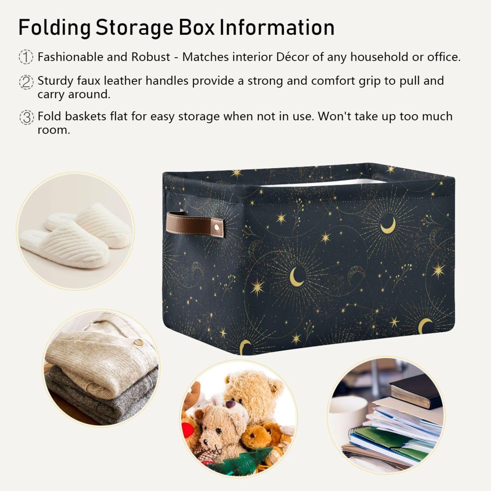 Sletend Storage Basket Moon Starry Sky Fabric Organizer Bin with Handle Foldable Canvas Cloth Storage Organizer Drawer for Shelf Closet Bedroom Home Office