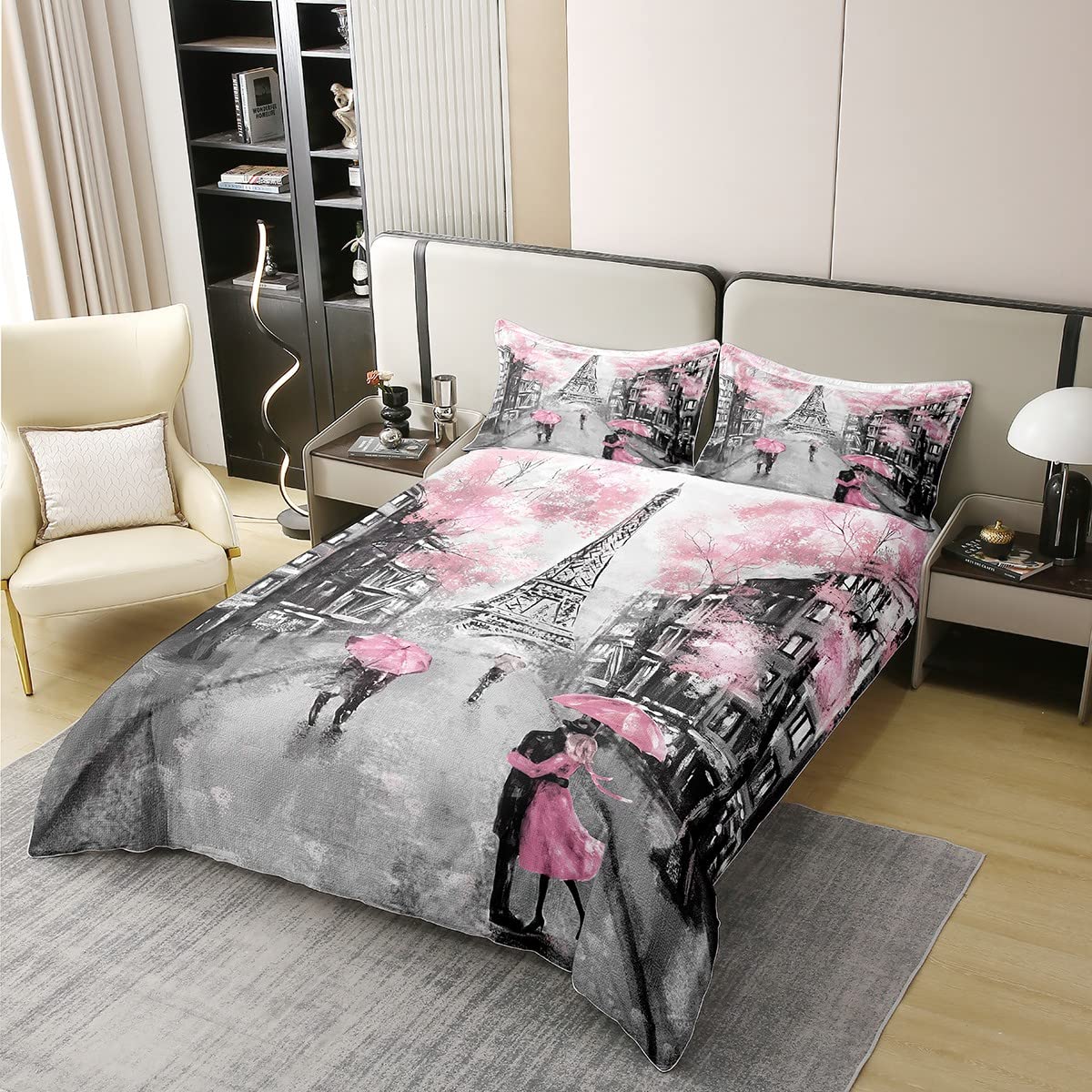 100% Cotton Paris Duvet Cover King,Pink and Grey Eiffel Tower Bedding Set for Teens Girls,Watercolor Cherry Blossoms Comforter Cover,Romantic Couple Retro Gray Building Bed Sets with 2 Pillowcases