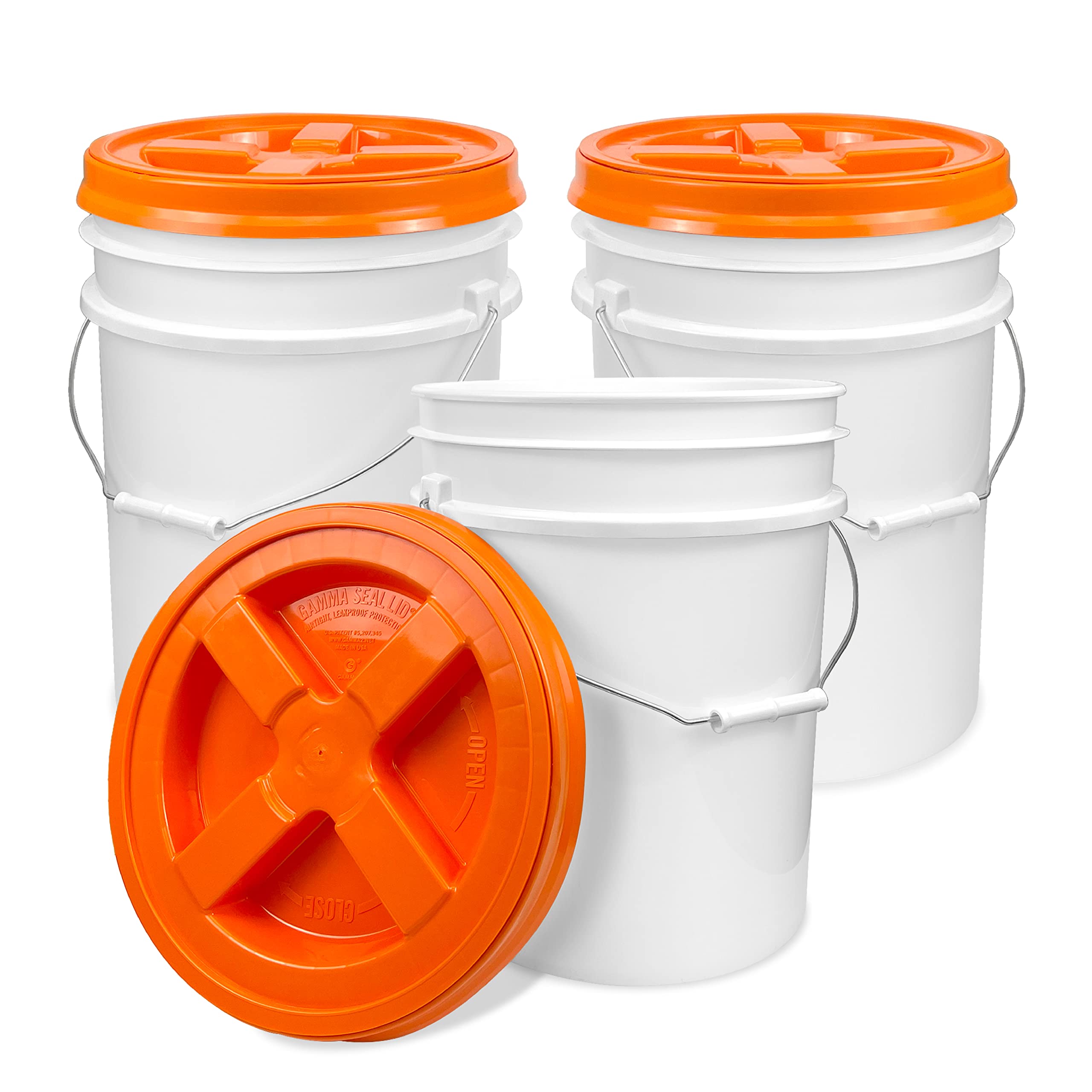 5 Gallon White Bucket with Orange Gamma Seal Screw on Airtight Lid (3 Count), Food Grade Storage, Premium HPDE Plastic, BPA Free, Durable 90 Mil All Purpose Pail, Made in USA